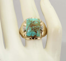 Load image into Gallery viewer, Antique Art Deco Natural RARE COLLAPSED MATRIX KINGMAN Turquoise &amp; Diamond 10k Solid Gold Men&#39;s Ring