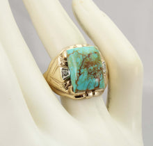 Load image into Gallery viewer, Antique Art Deco Natural RARE COLLAPSED MATRIX KINGMAN Turquoise &amp; Diamond 10k Solid Gold Men&#39;s Ring