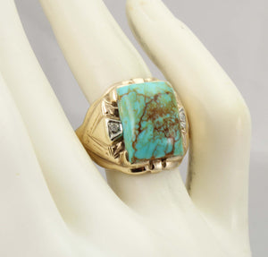 Antique Art Deco Natural RARE COLLAPSED MATRIX KINGMAN Turquoise & Diamond 10k Solid Gold Men's Ring