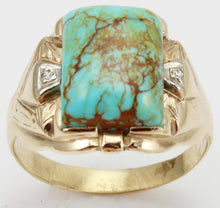 Load image into Gallery viewer, Antique Art Deco Natural RARE COLLAPSED MATRIX KINGMAN Turquoise &amp; Diamond 10k Solid Gold Men&#39;s Ring