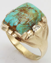 Load image into Gallery viewer, Antique Art Deco Natural RARE COLLAPSED MATRIX KINGMAN Turquoise &amp; Diamond 10k Solid Gold Men&#39;s Ring