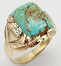 Load image into Gallery viewer, Antique Art Deco Natural RARE COLLAPSED MATRIX KINGMAN Turquoise &amp; Diamond 10k Solid Gold Men&#39;s Ring