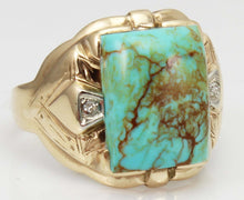 Load image into Gallery viewer, Antique Art Deco Natural RARE COLLAPSED MATRIX KINGMAN Turquoise &amp; Diamond 10k Solid Gold Men&#39;s Ring