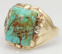 Load image into Gallery viewer, Antique Art Deco Natural RARE COLLAPSED MATRIX KINGMAN Turquoise &amp; Diamond 10k Solid Gold Men&#39;s Ring