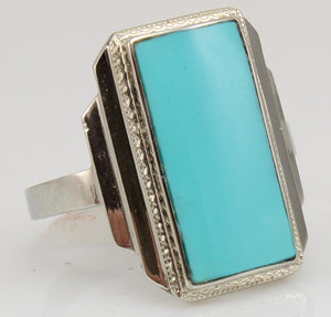 Antique 1920's Art Deco RARE Natural Persian Turquoise Milgrained 10k Solid White Gold Cocktail Ring