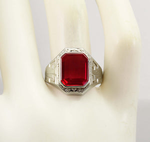 Antique 1920's Art Deco RARE Ostby & Barton 5ct Window Pane Cut Ruby 10k Solid White Gold Men's Ring