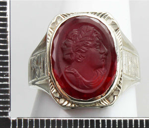 Antique 1920's Art Deco RARE LARGE 11ct Hand Carved Ruby Roman Cameo 14k Solid White Gold Men's Ring