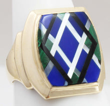 Load image into Gallery viewer, Antique 1920&#39;s Art Deco Natural Lapis Malachite Pearl &amp; Onyx Intarsia Inlay 10k Solid Gold Mens Ring