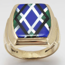 Load image into Gallery viewer, Antique 1920&#39;s Art Deco Natural Lapis Malachite Pearl &amp; Onyx Intarsia Inlay 10k Solid Gold Mens Ring