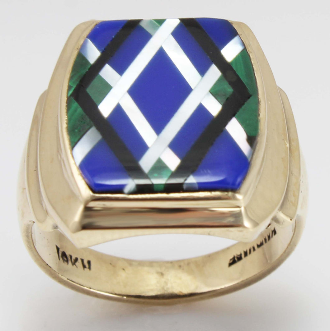 Antique 1920's Art Deco Natural Lapis Malachite Pearl & Onyx Intarsia Inlay 10k Solid Gold Mens Ring