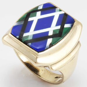 Antique 1920's Art Deco Natural Lapis Malachite Pearl & Onyx Intarsia Inlay 10k Solid Gold Mens Ring