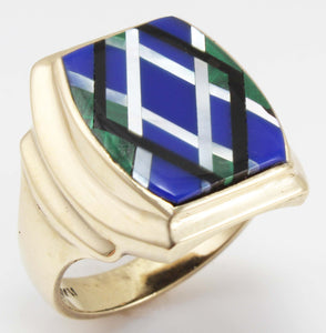 Antique 1920's Art Deco Natural Lapis Malachite Pearl & Onyx Intarsia Inlay 10k Solid Gold Mens Ring