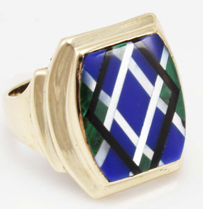 Antique 1920's Art Deco Natural Lapis Malachite Pearl & Onyx Intarsia Inlay 10k Solid Gold Mens Ring