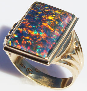 Antique 1920's Art Deco LARGE TRUE RAINBOW RARE Black Natural Opal 10k Solid Yellow Gold Men's Ring