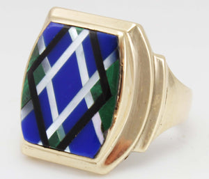 Antique 1920's Art Deco Natural Lapis Malachite Pearl & Onyx Intarsia Inlay 10k Solid Gold Mens Ring