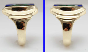 Antique 1920's Art Deco Natural Lapis Malachite Pearl & Onyx Intarsia Inlay 10k Solid Gold Mens Ring