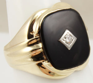 Vintage 1940's Natural & Genuine Antique European Cut Diamond & Onyx 10k Solid Gold Men's Ring