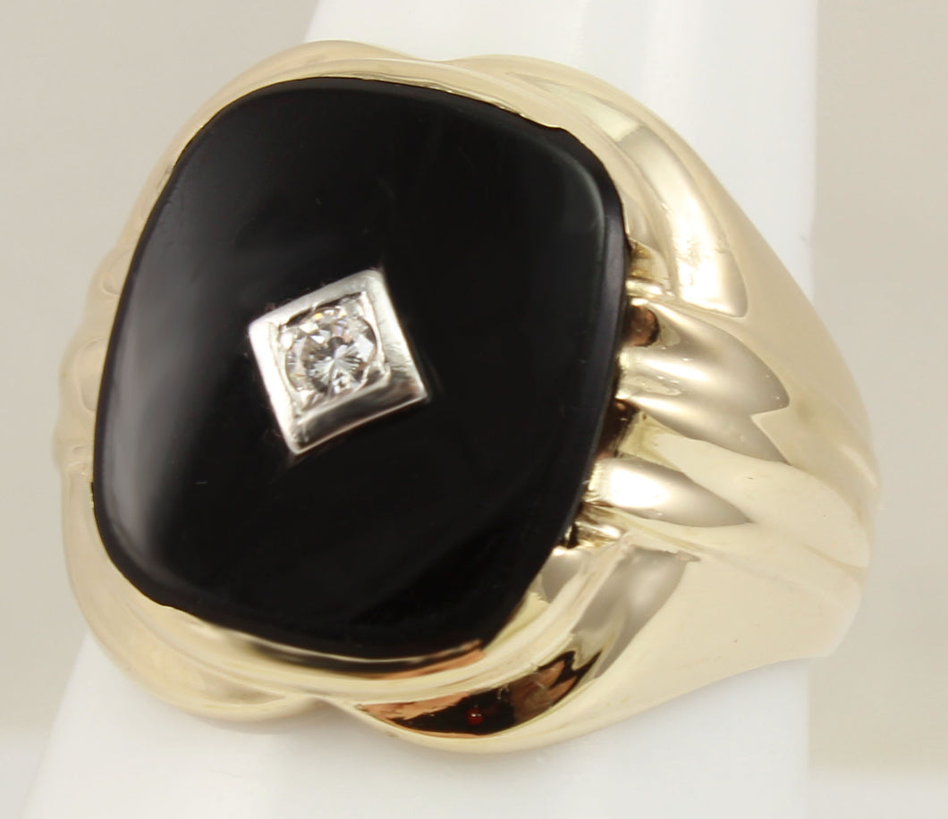 Vintage 1940's Natural & Genuine Antique European Cut Diamond & Onyx 10k Solid Gold Men's Ring