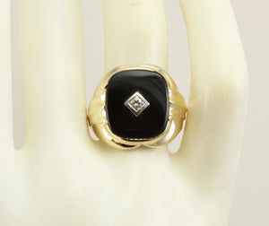 Vintage 1940's Natural & Genuine Antique European Cut Diamond & Onyx 10k Solid Gold Men's Ring