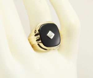 Vintage 1940's Natural & Genuine Antique European Cut Diamond & Onyx 10k Solid Gold Men's Ring