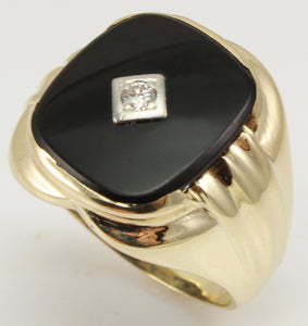 Vintage 1940's Natural & Genuine Antique European Cut Diamond & Onyx 10k Solid Gold Men's Ring