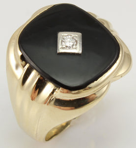 Vintage 1940's Natural & Genuine Antique European Cut Diamond & Onyx 10k Solid Gold Men's Ring