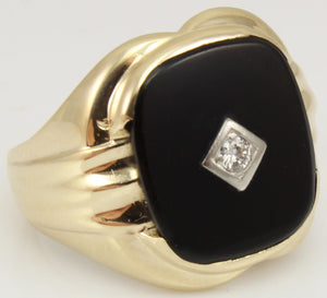 Vintage 1940's Natural & Genuine Antique European Cut Diamond & Onyx 10k Solid Gold Men's Ring