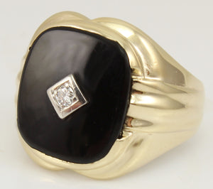 Vintage 1940's Natural & Genuine Antique European Cut Diamond & Onyx 10k Solid Gold Men's Ring