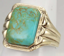 Load image into Gallery viewer, Antique Art Deco RARE SWIRLING ORANGE MATRIX Kingman Mine Turquoise Silver &amp; 10k Gold Men&#39;s Ring