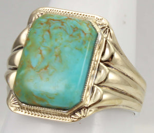 Antique Art Deco RARE SWIRLING ORANGE MATRIX Kingman Mine Turquoise Silver & 10k Gold Men's Ring