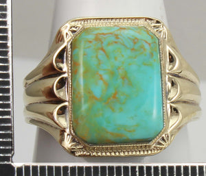 Antique Art Deco RARE SWIRLING ORANGE MATRIX Kingman Mine Turquoise Silver & 10k Gold Men's Ring