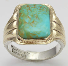 Load image into Gallery viewer, Antique Art Deco RARE SWIRLING ORANGE MATRIX Kingman Mine Turquoise Silver &amp; 10k Gold Men&#39;s Ring