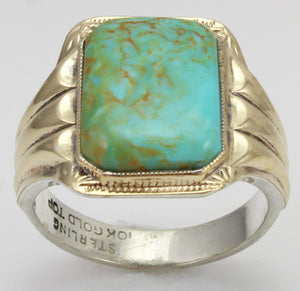 Antique Art Deco RARE SWIRLING ORANGE MATRIX Kingman Mine Turquoise Silver & 10k Gold Men's Ring