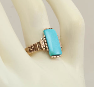 Antique Victorian RARE Natural Persian Turquoise Engraved 14k Solid Rose Gold Ladies Cocktail Ring