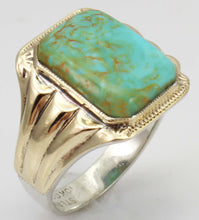 Load image into Gallery viewer, Antique Art Deco RARE SWIRLING ORANGE MATRIX Kingman Mine Turquoise Silver &amp; 10k Gold Men&#39;s Ring