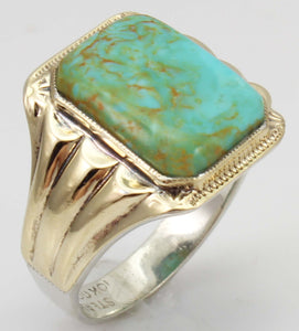 Antique Art Deco RARE SWIRLING ORANGE MATRIX Kingman Mine Turquoise Silver & 10k Gold Men's Ring