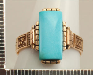 Antique Victorian RARE Natural Persian Turquoise Engraved 14k Solid Rose Gold Ladies Cocktail Ring