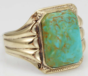 Antique Art Deco RARE SWIRLING ORANGE MATRIX Kingman Mine Turquoise Silver & 10k Gold Men's Ring