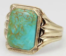 Load image into Gallery viewer, Antique Art Deco RARE SWIRLING ORANGE MATRIX Kingman Mine Turquoise Silver &amp; 10k Gold Men&#39;s Ring