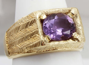 Antique 1920's Art Deco 3ct Oval Natural Amethyst Hand Engraved 10k Solid Yellow Gold Men's Ring