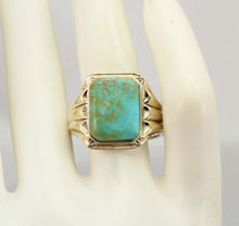 Load image into Gallery viewer, Antique Art Deco RARE SWIRLING ORANGE MATRIX Kingman Mine Turquoise Silver &amp; 10k Gold Men&#39;s Ring