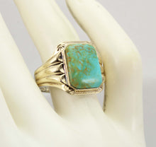 Load image into Gallery viewer, Antique Art Deco RARE SWIRLING ORANGE MATRIX Kingman Mine Turquoise Silver &amp; 10k Gold Men&#39;s Ring