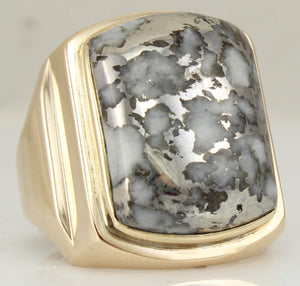 HEAVY Antique 1920's Art Deco LARGE RARE Natural Silver in Quartz 10k Solid Yellow Gold Men's Ring