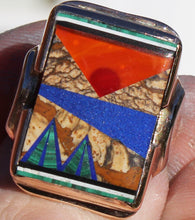 Load image into Gallery viewer, Antique 1920&#39;s Art Deco Natural Jasper Carnelian Lapis Onyx Malachite Inlay 10k Solid Gold Mens Ring