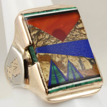 Load image into Gallery viewer, Antique 1920&#39;s Art Deco Natural Jasper Carnelian Lapis Onyx Malachite Inlay 10k Solid Gold Mens Ring