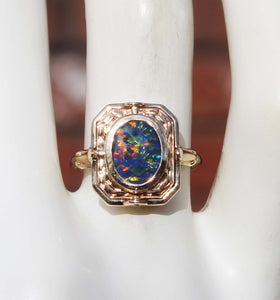 RARE Antique 1920's Art Deco Natural Opal & Persian Turquoise 10k Solid Gold Cocktail Flip Ring