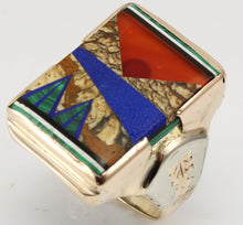 Load image into Gallery viewer, Antique 1920&#39;s Art Deco Natural Jasper Carnelian Lapis Onyx Malachite Inlay 10k Solid Gold Mens Ring