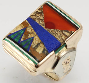 Antique 1920's Art Deco Natural Jasper Carnelian Lapis Onyx Malachite Inlay 10k Solid Gold Mens Ring