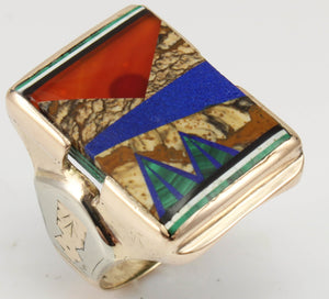 Antique 1920's Art Deco Natural Jasper Carnelian Lapis Onyx Malachite Inlay 10k Solid Gold Mens Ring