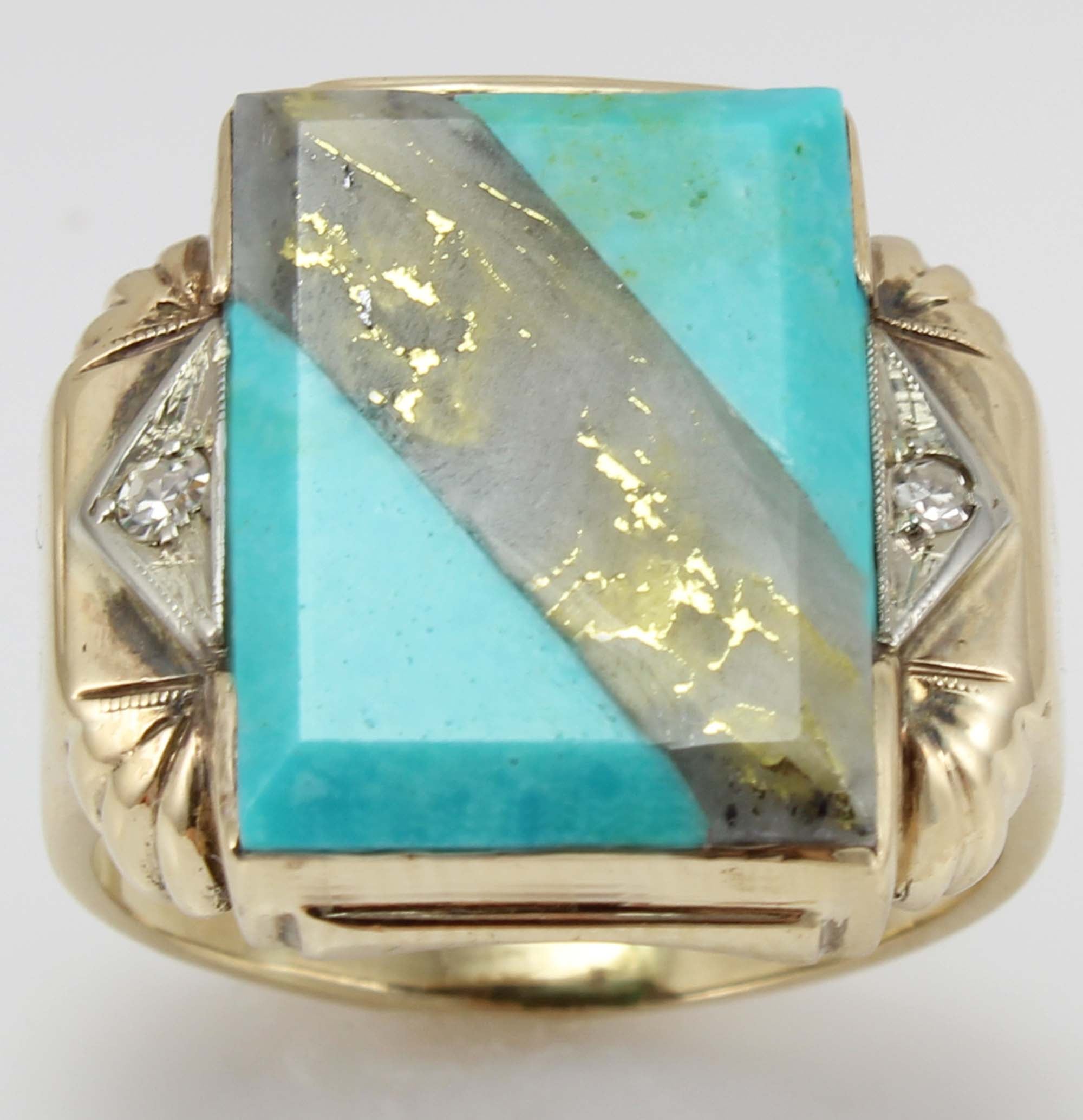 Antique 1920's Art Deco RARE Natural Gold in Quartz & Turquoise & Diamond  10k Solid Gold Men's Ring